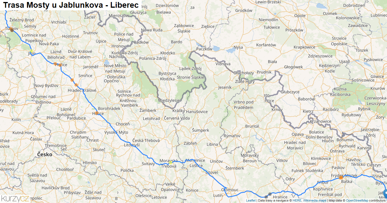 Mosty u Jablunkova-Liberec, mapa trasy