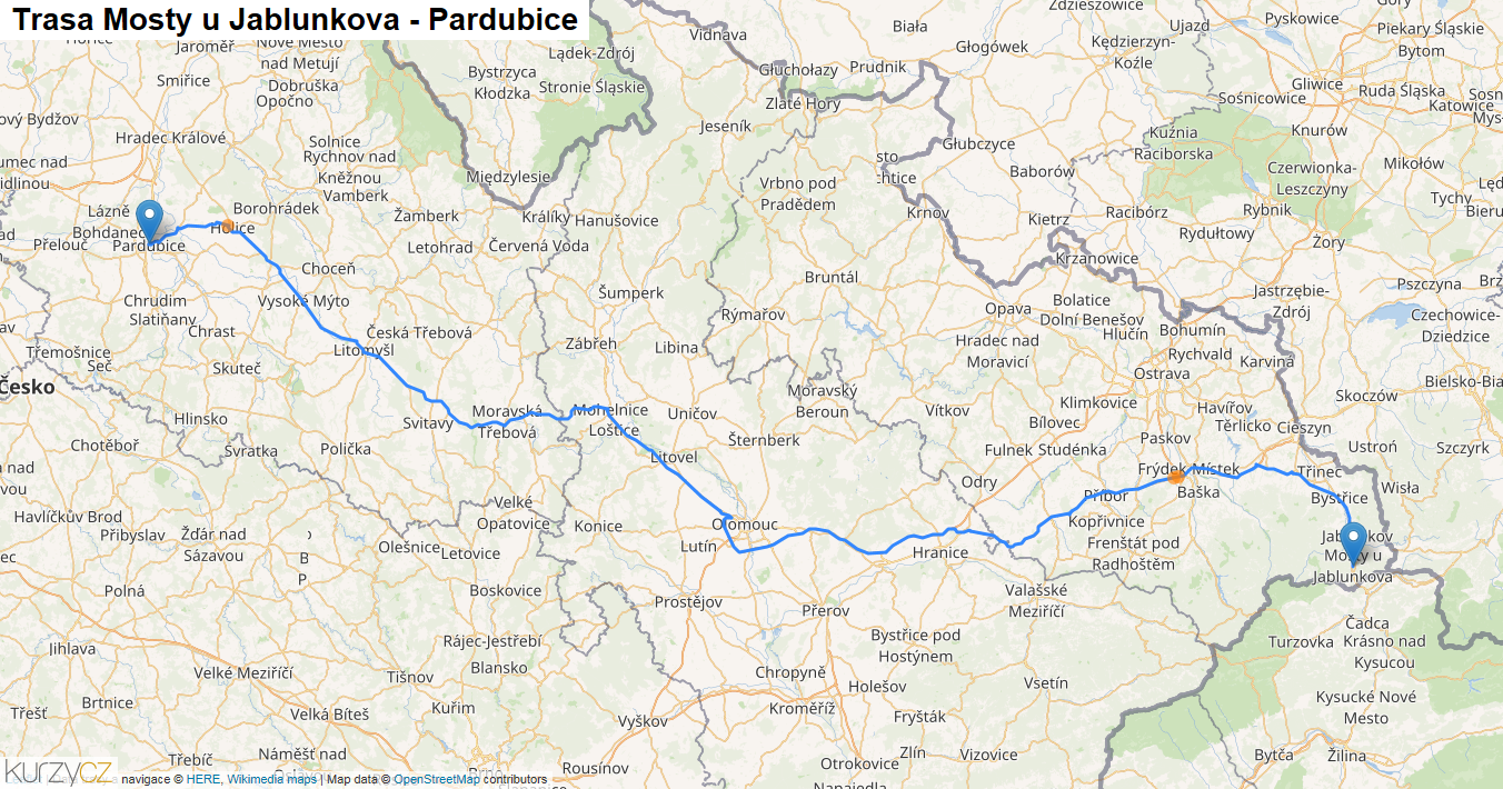 Mosty u Jablunkova-Pardubice, mapa trasy