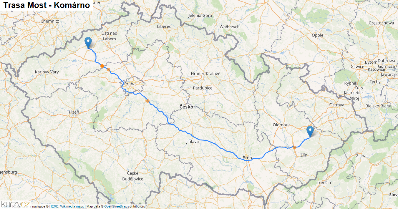 Most-Komárno, mapa trasy