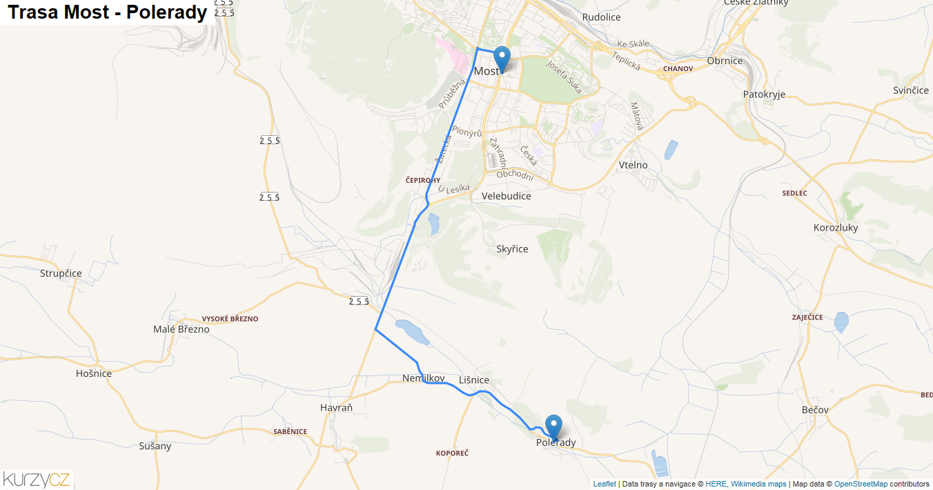 Most-Polerady, mapa trasy