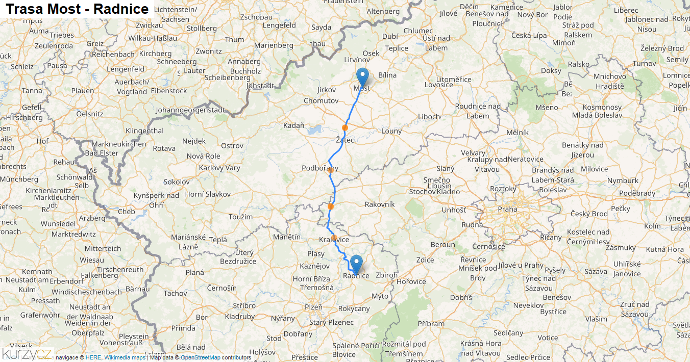 Most-Radnice, mapa trasy
