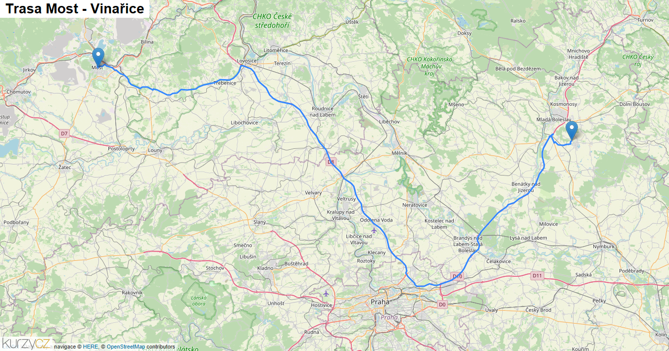 Most-Vinařice, mapa trasy