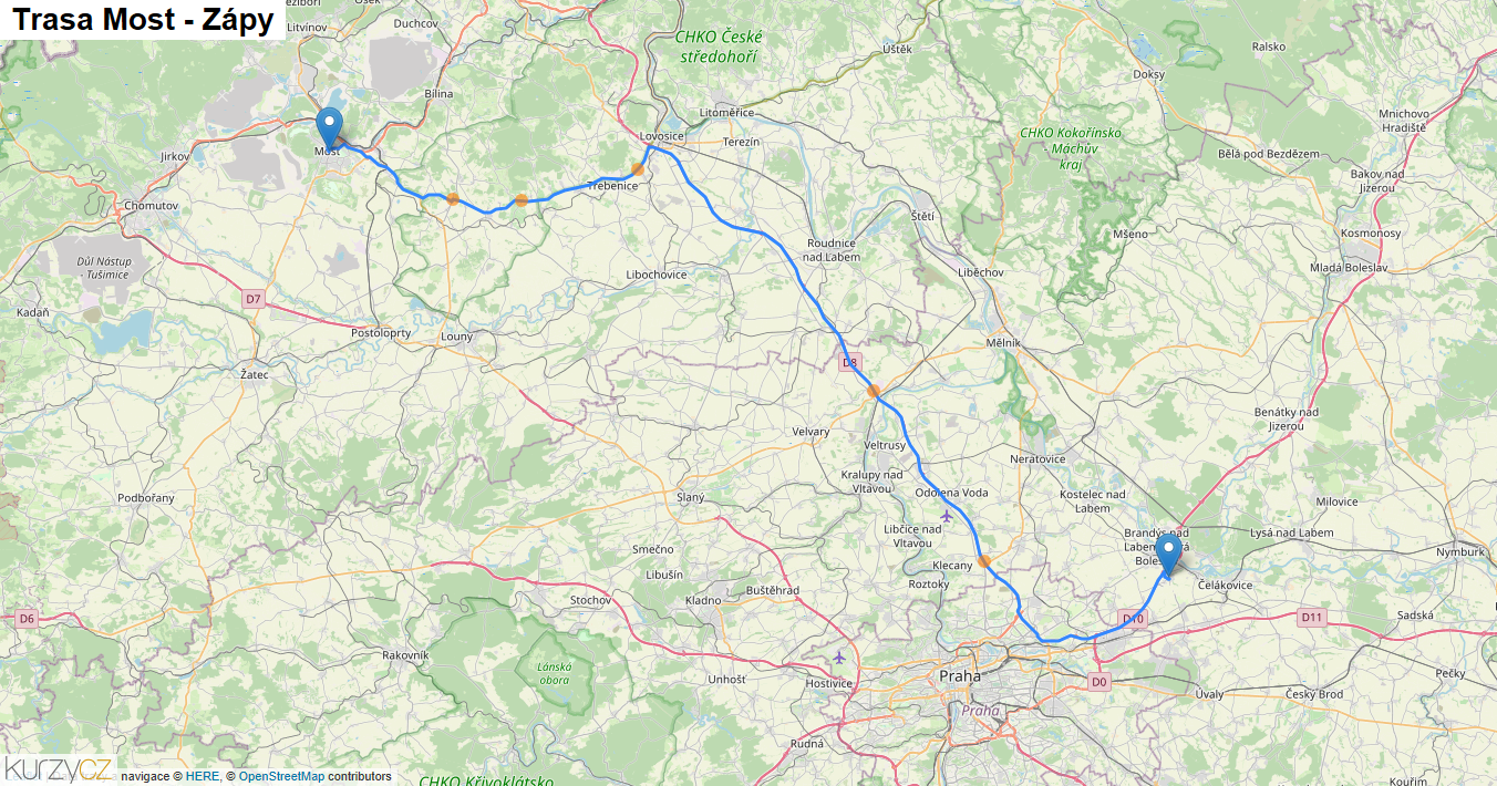 Most-Zápy, mapa trasy
