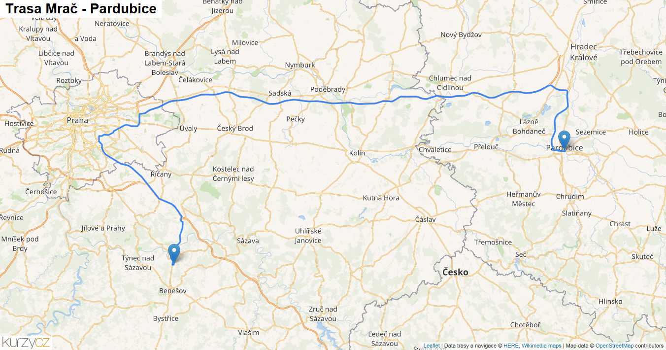 Mrač-Pardubice, mapa trasy