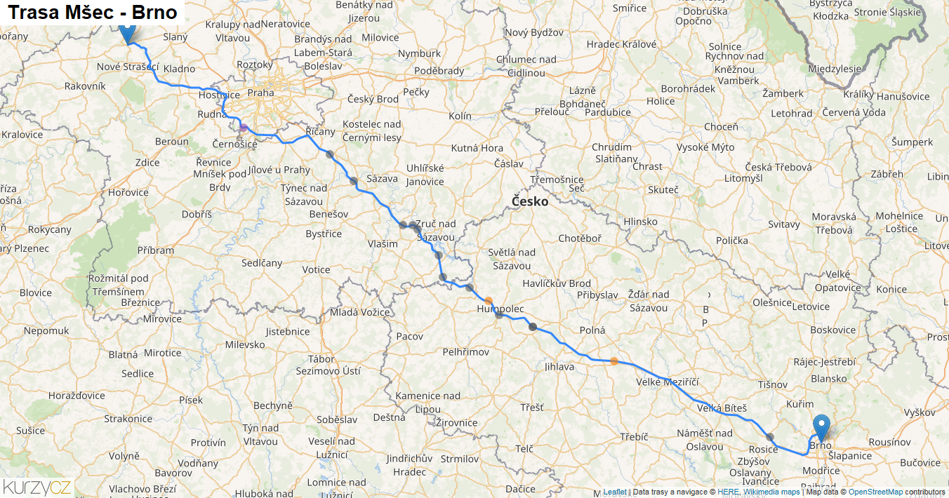 Mšec-Brno, mapa trasy