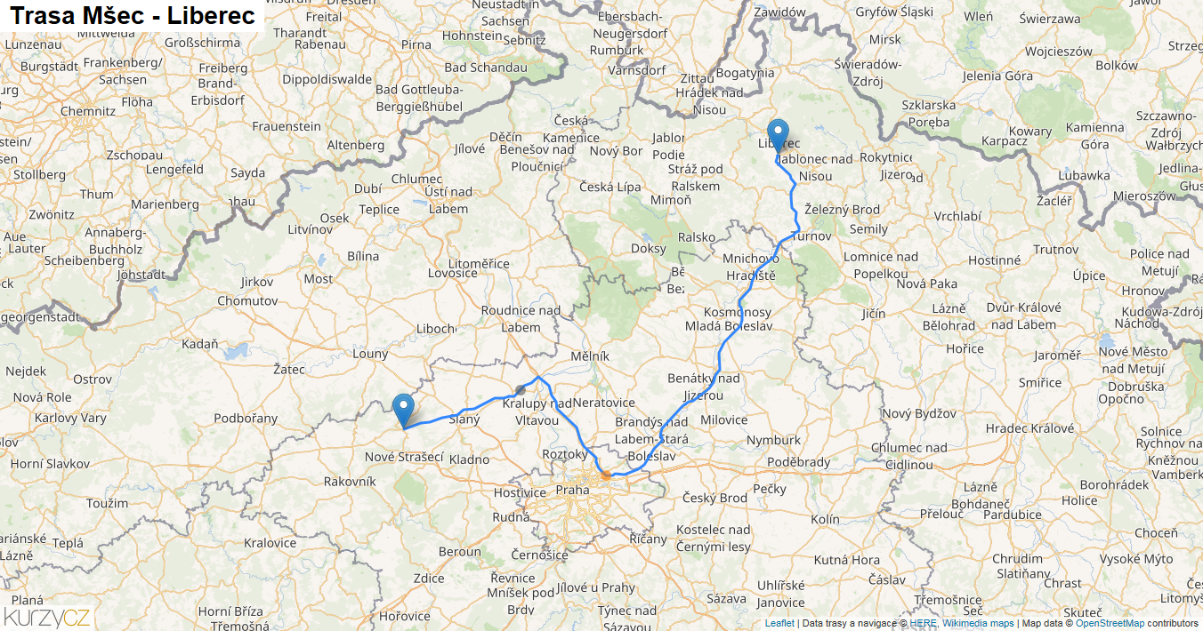 Mšec-Liberec, mapa trasy