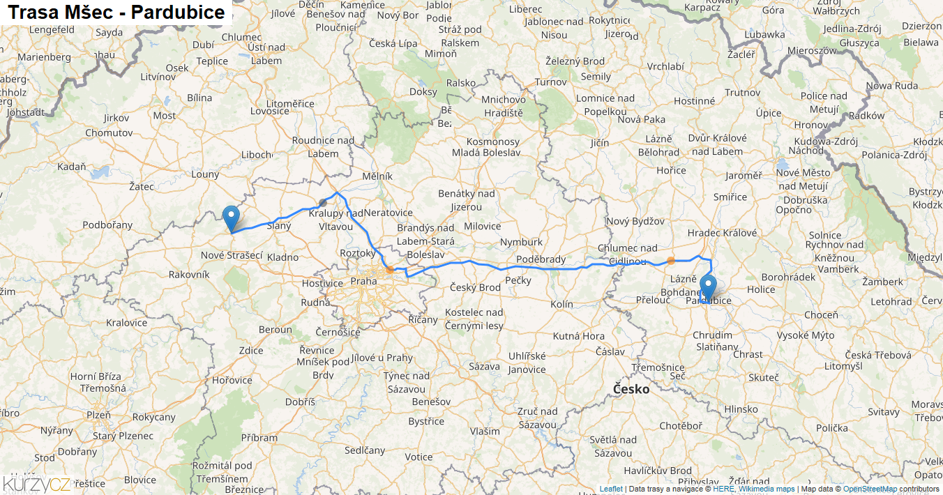 Mšec-Pardubice, mapa trasy