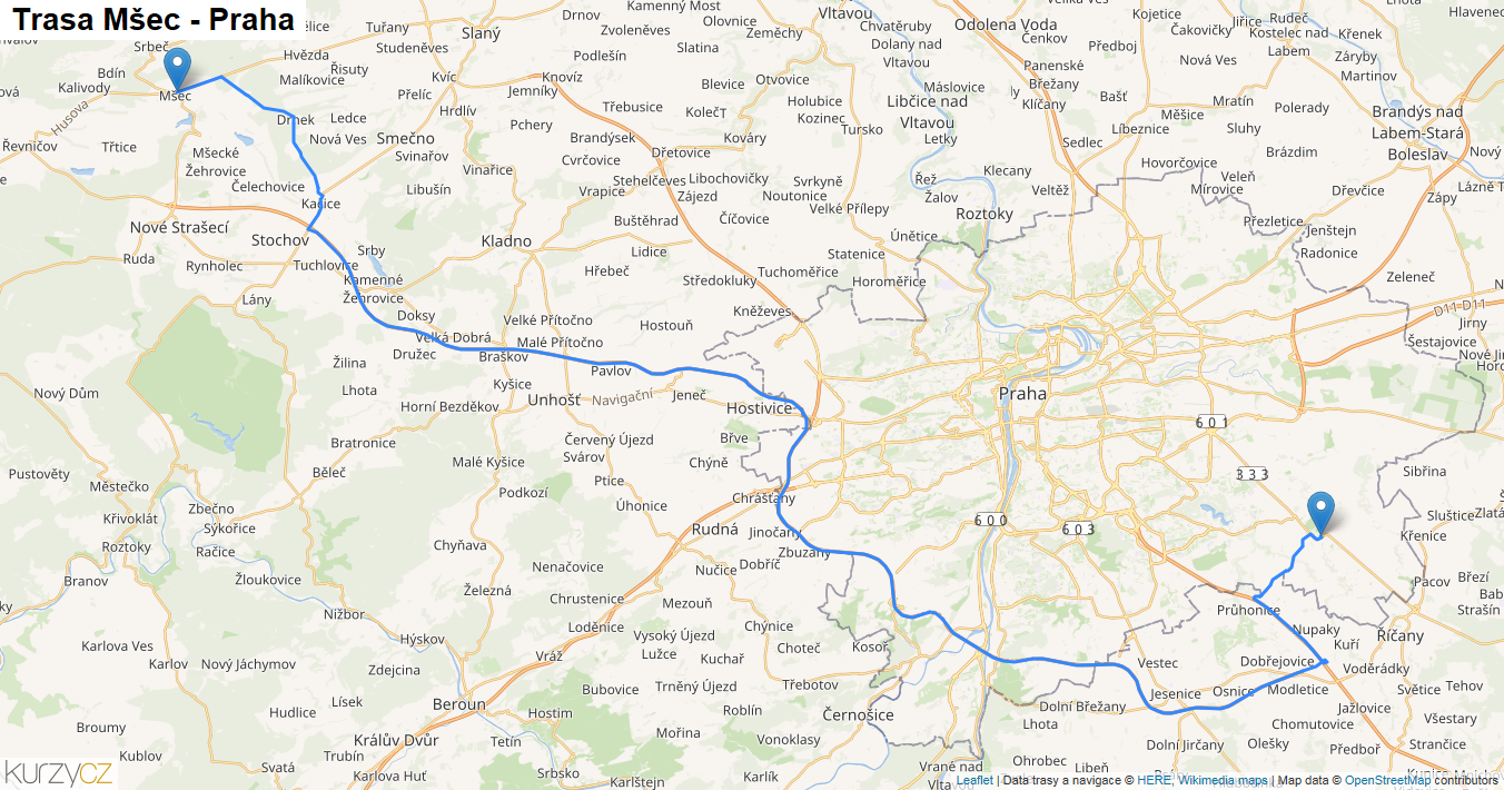 Mšec-Praha, mapa trasy