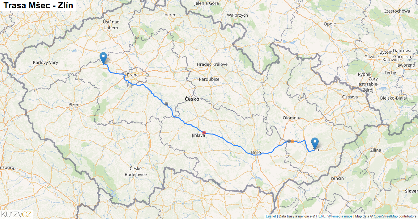 Mšec-Zlín, mapa trasy