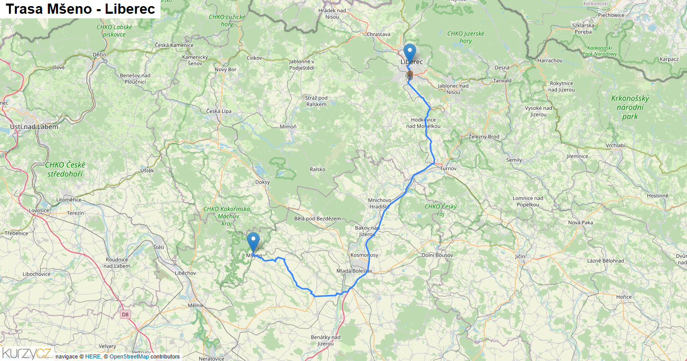 Mšeno-Liberec, mapa trasy