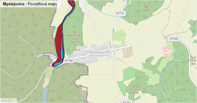 Myslejovice - záplavové mapy stoleté vody