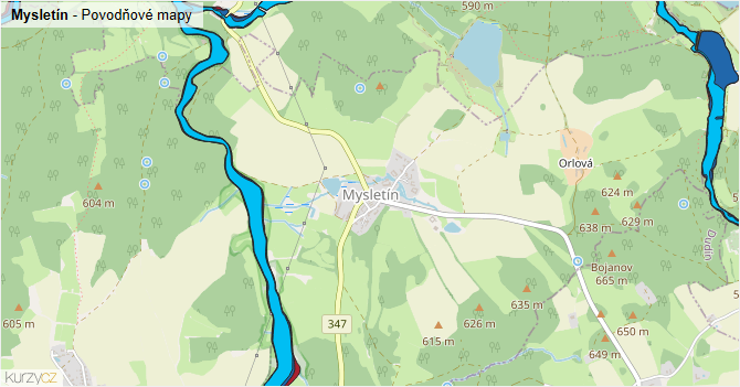 Mysletín - záplavové mapy stoleté vody
