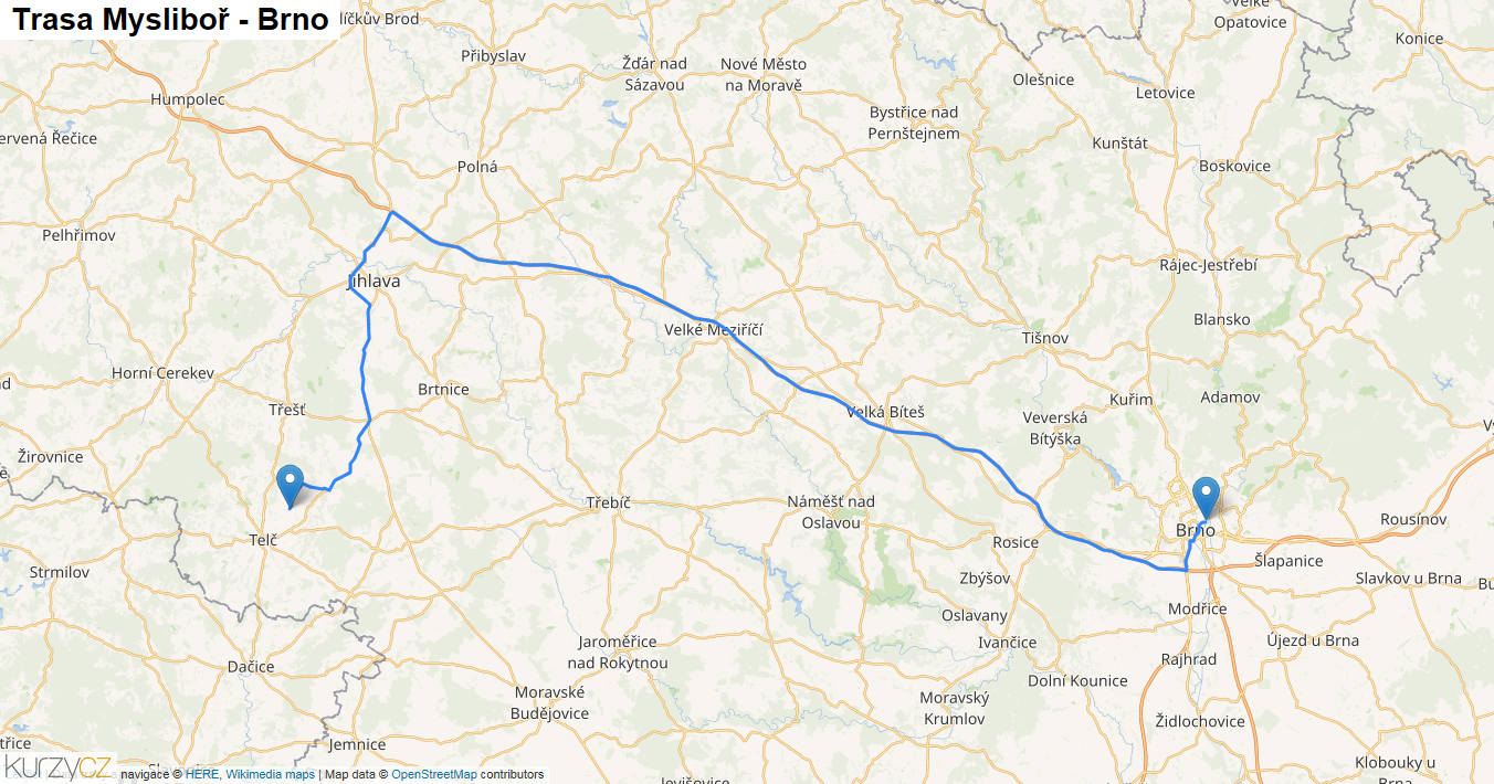 Mysliboř-Brno, mapa trasy