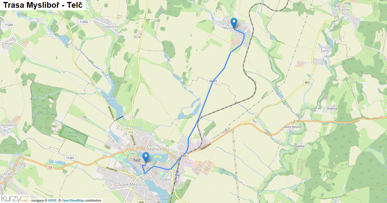 Mysliboř-Telč, mapa trasy