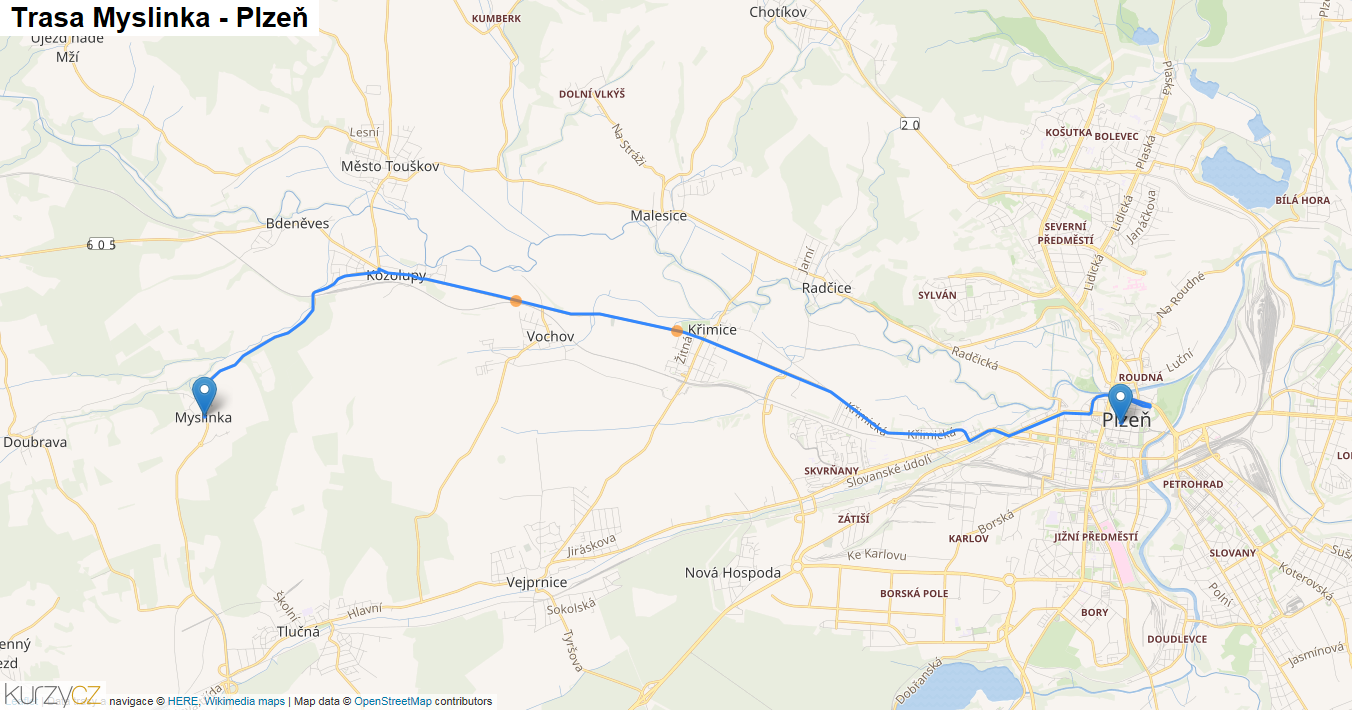 Myslinka-Plzeň, mapa trasy