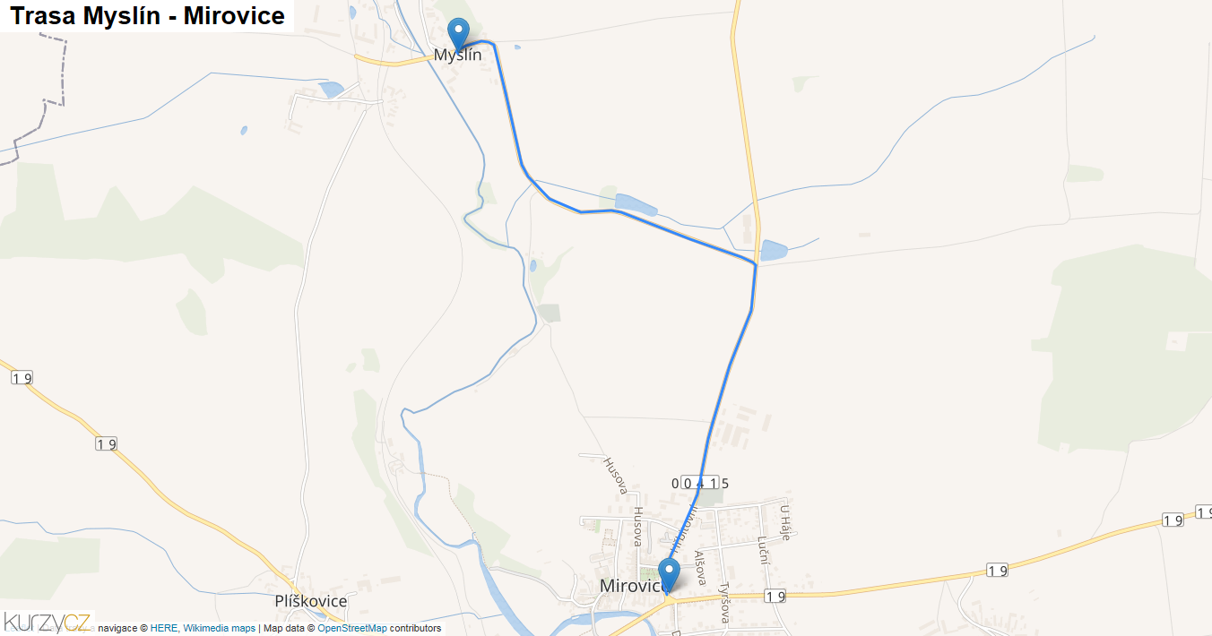 Myslín-Mirovice, mapa trasy