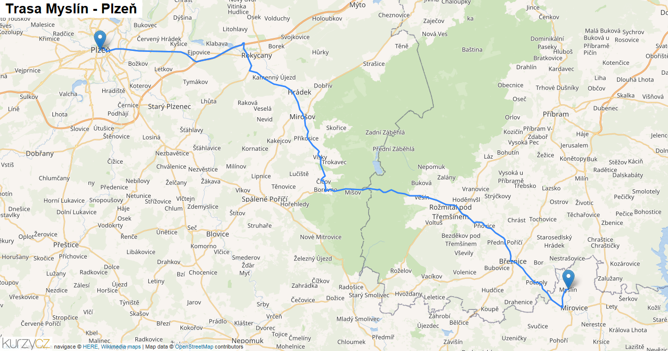 Myslín-Plzeň, mapa trasy