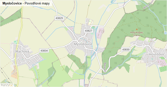 Mysločovice - záplavové mapy stoleté vody