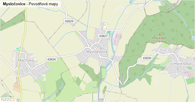 Mysločovice - záplavové mapy stoleté vody