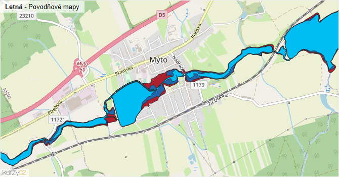 Letná - záplavové mapy stoleté vody