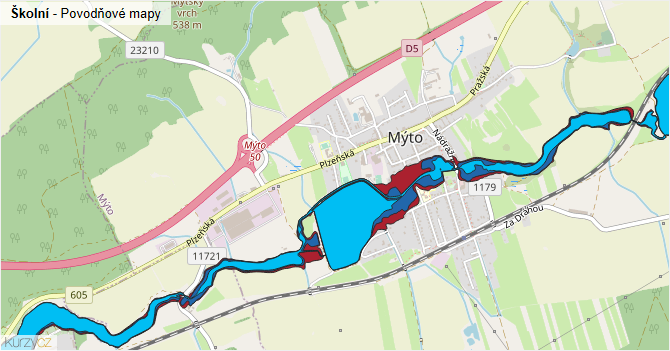 Školní - záplavové mapy stoleté vody