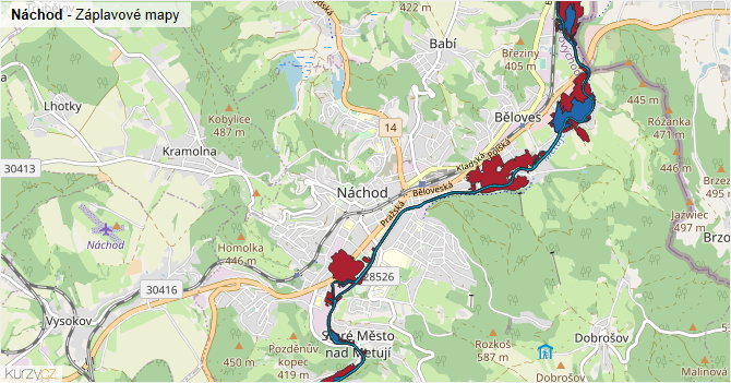 Náchod - záplavové mapy stoleté vody