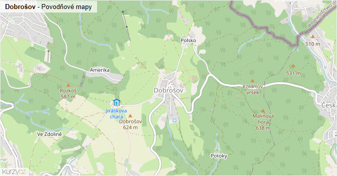 Dobrošov - záplavové mapy stoleté vody