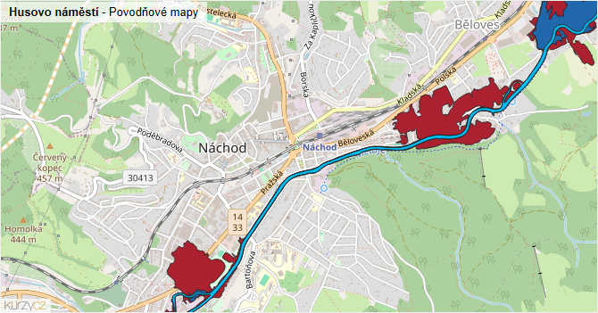 Husovo náměstí - záplavové mapy stoleté vody