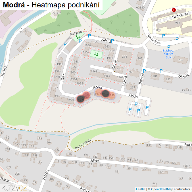 Mapa Modrá - Firmy v ulici.
