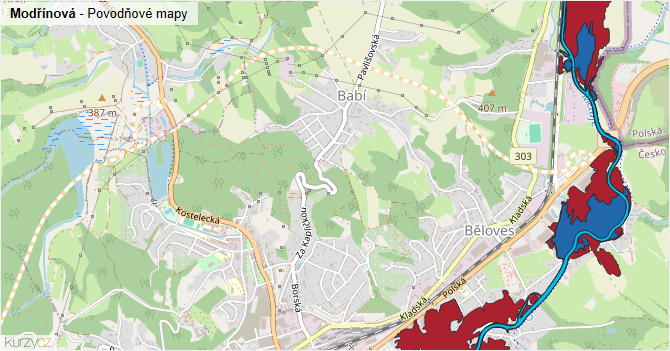 Modřínová - záplavové mapy stoleté vody