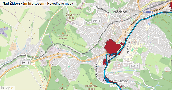 Nad Židovským hřbitovem - záplavové mapy stoleté vody