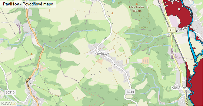 Pavlišov - záplavové mapy stoleté vody