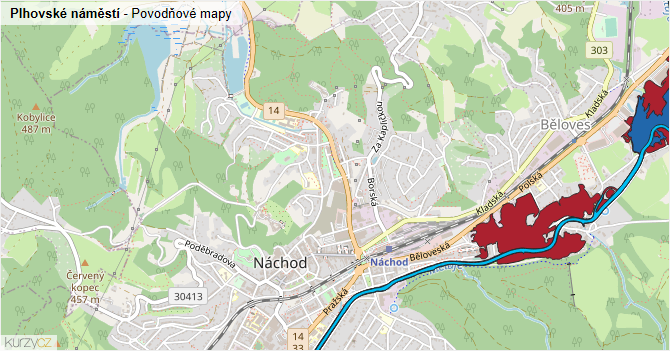 Plhovské náměstí - záplavové mapy stoleté vody