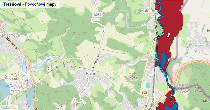 Třešňová - záplavové mapy stoleté vody