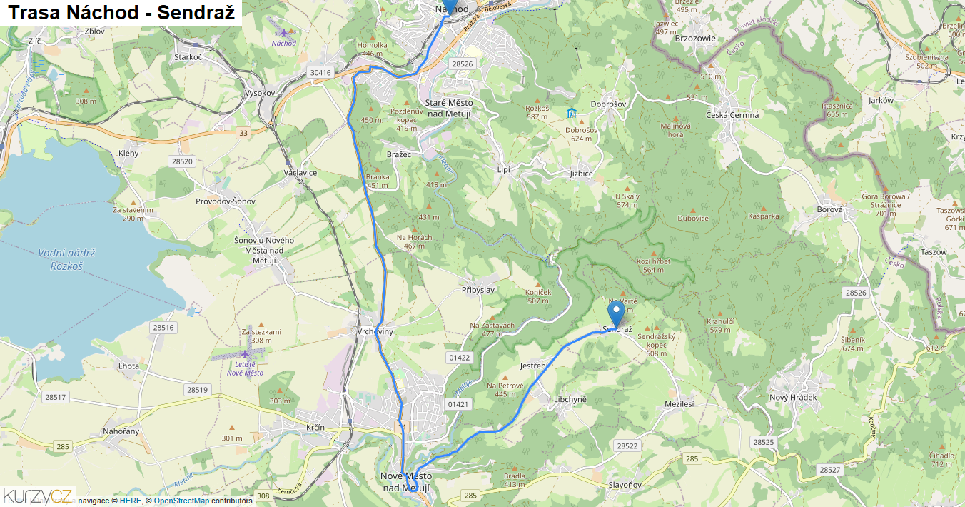 Náchod-Sendraž, mapa trasy