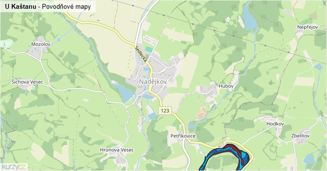 U Kaštanu - záplavové mapy stoleté vody
