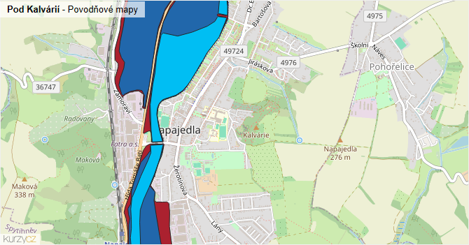 Pod Kalvárií - záplavové mapy stoleté vody