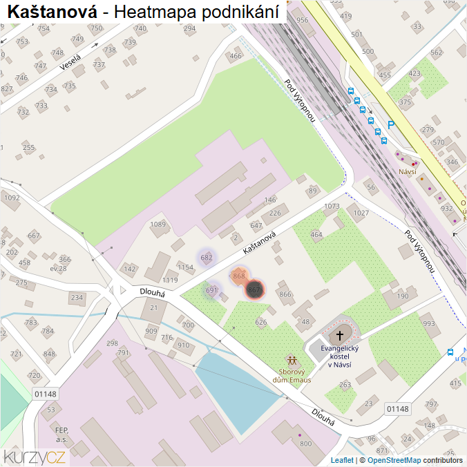Mapa Kaštanová - Firmy v ulici.