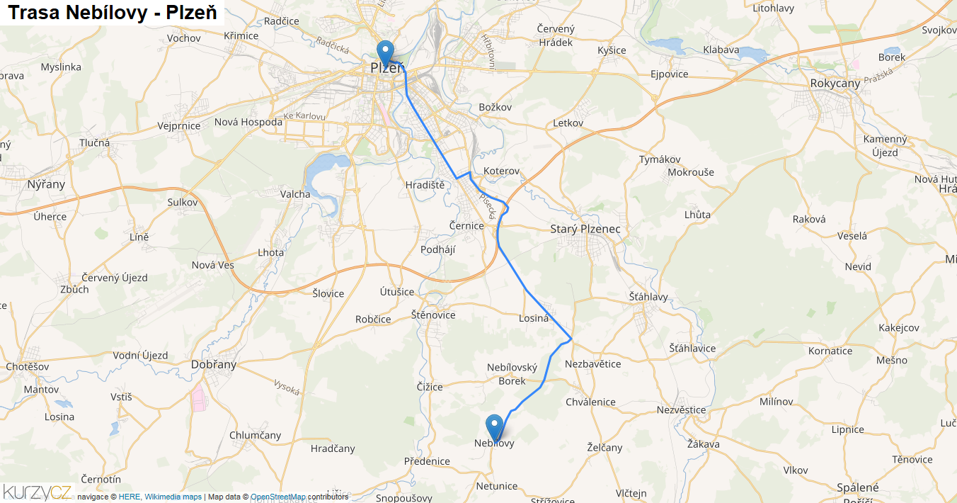 Nebílovy-Plzeň, mapa trasy