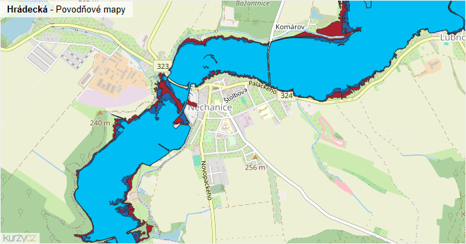 Hrádecká - záplavové mapy stoleté vody