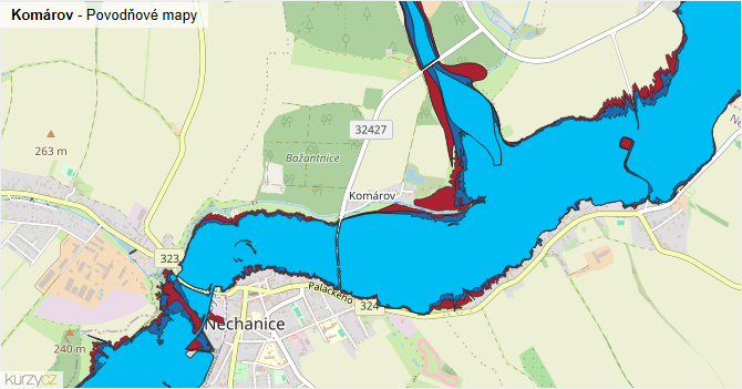 Komárov - záplavové mapy stoleté vody