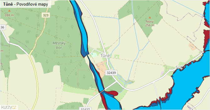 Tůně - záplavové mapy stoleté vody