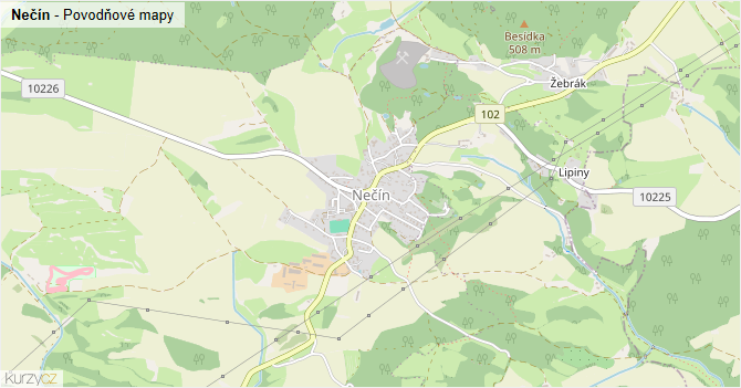 Nečín - záplavové mapy stoleté vody