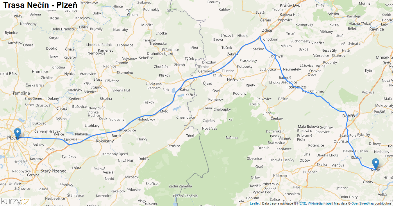 Nečín-Plzeň, mapa trasy