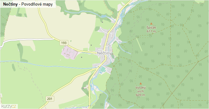 Nečtiny - záplavové mapy stoleté vody