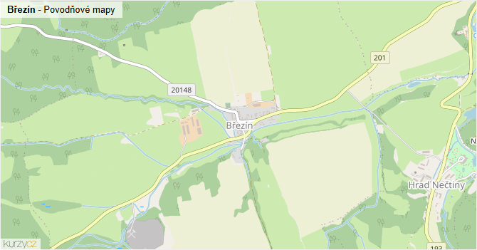 Březín - záplavové mapy stoleté vody
