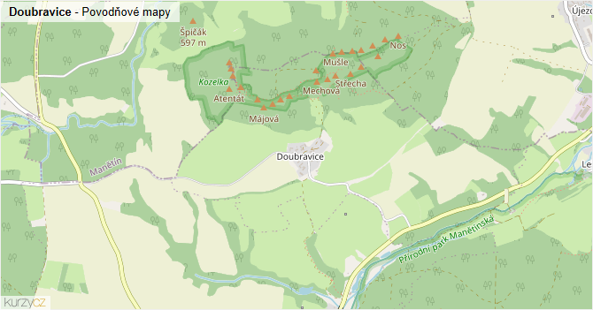 Doubravice - záplavové mapy stoleté vody