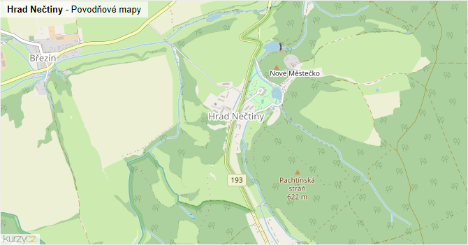 Hrad Nečtiny - záplavové mapy stoleté vody