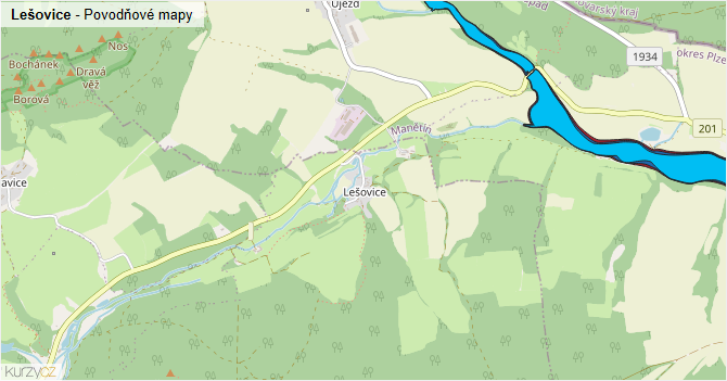 Lešovice - záplavové mapy stoleté vody