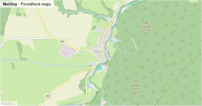 Nečtiny - záplavové mapy stoleté vody